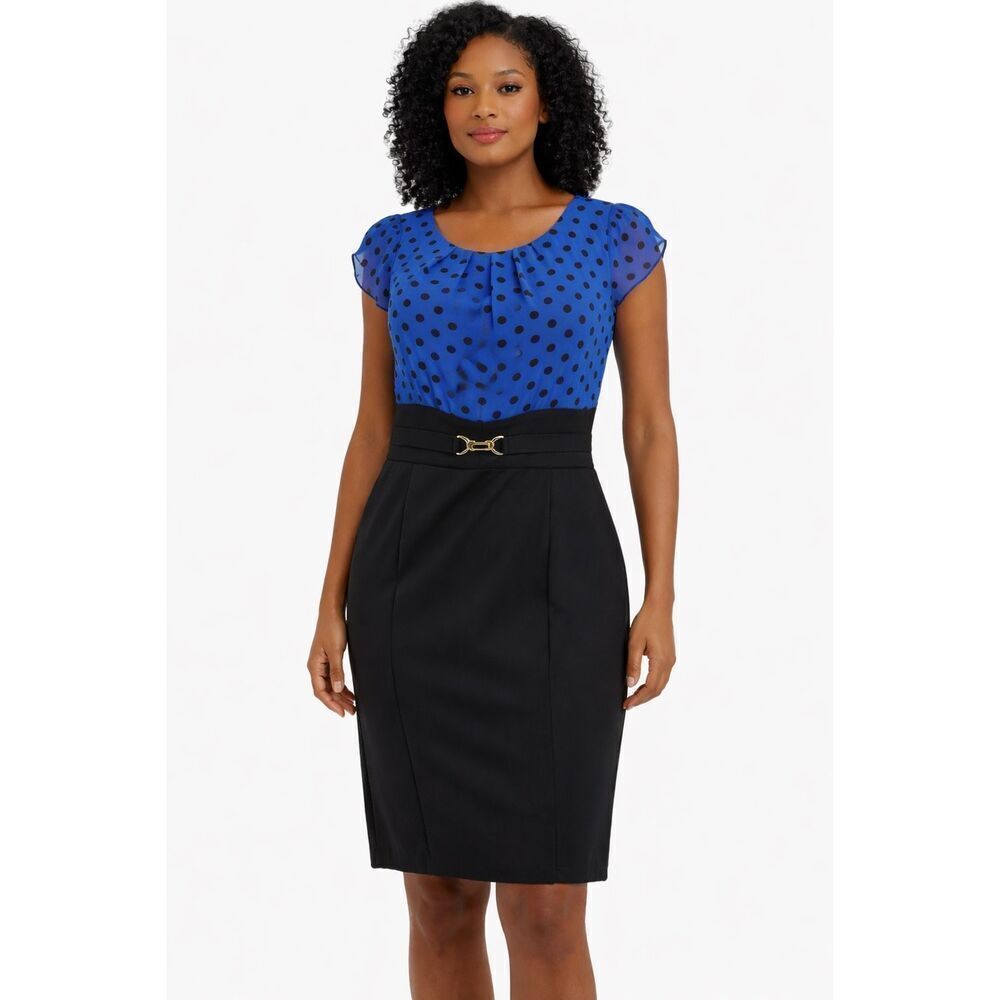 Alyx Women’s Blue Black Polka Dot Colorblock Sheath Dress Career Size 10